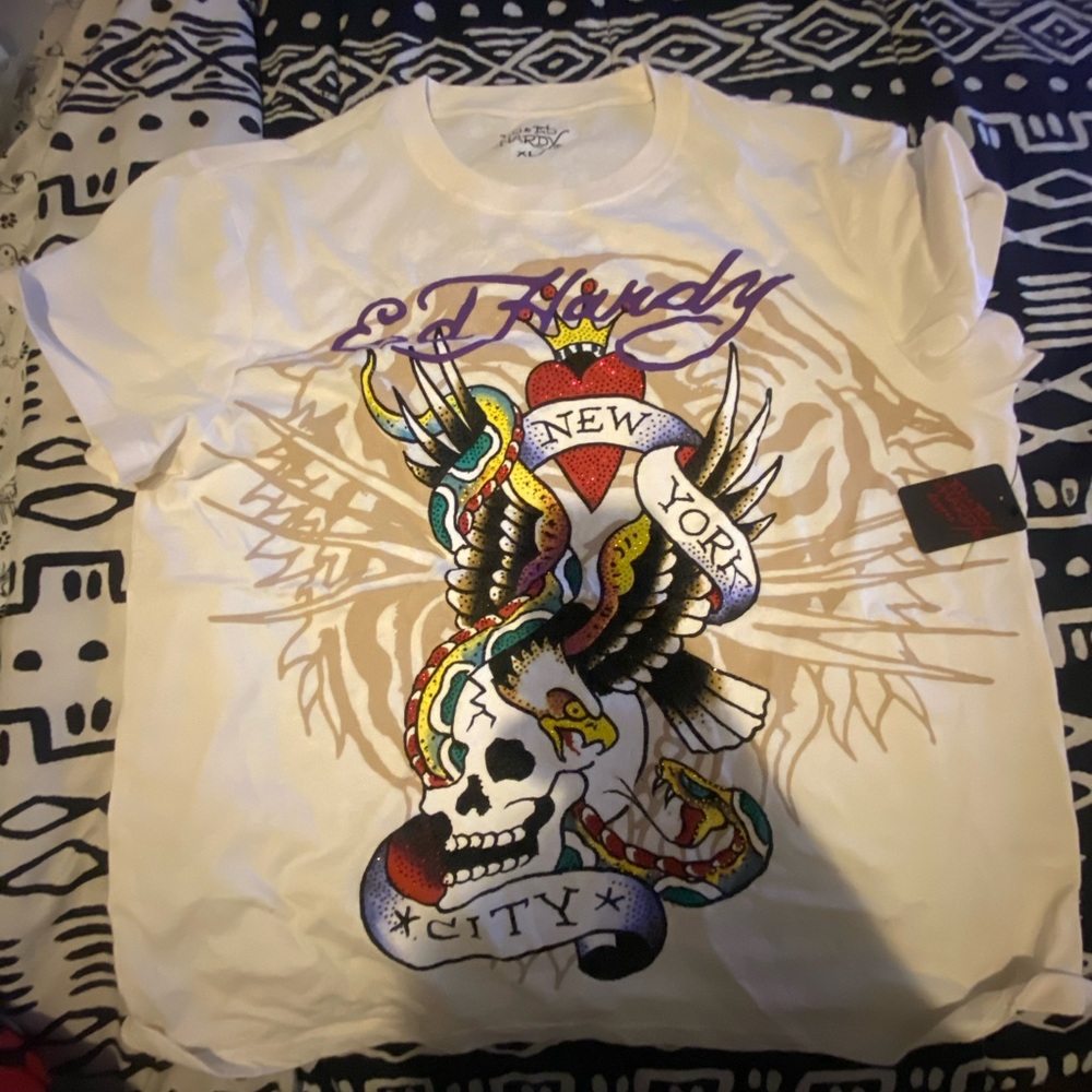 Ed Hardy Beige and White Graphic Tee